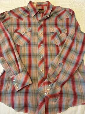 Vintage Tem Tex Mens Plaid Western Snap Shirt Long Sleeve Pearl Snaps Made in Ko